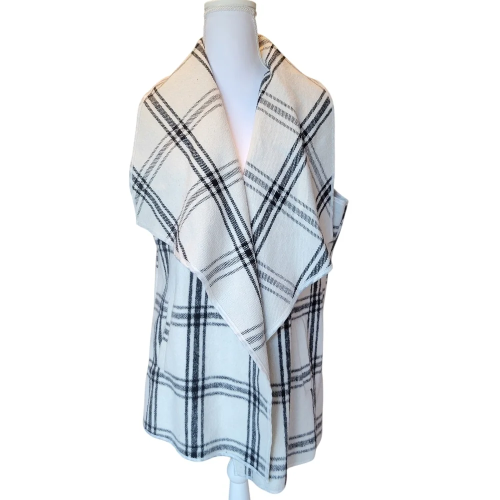 ETWO Black White Plaid Print Waterfall Open Front Cardigan Vest - Picture 1 of 9